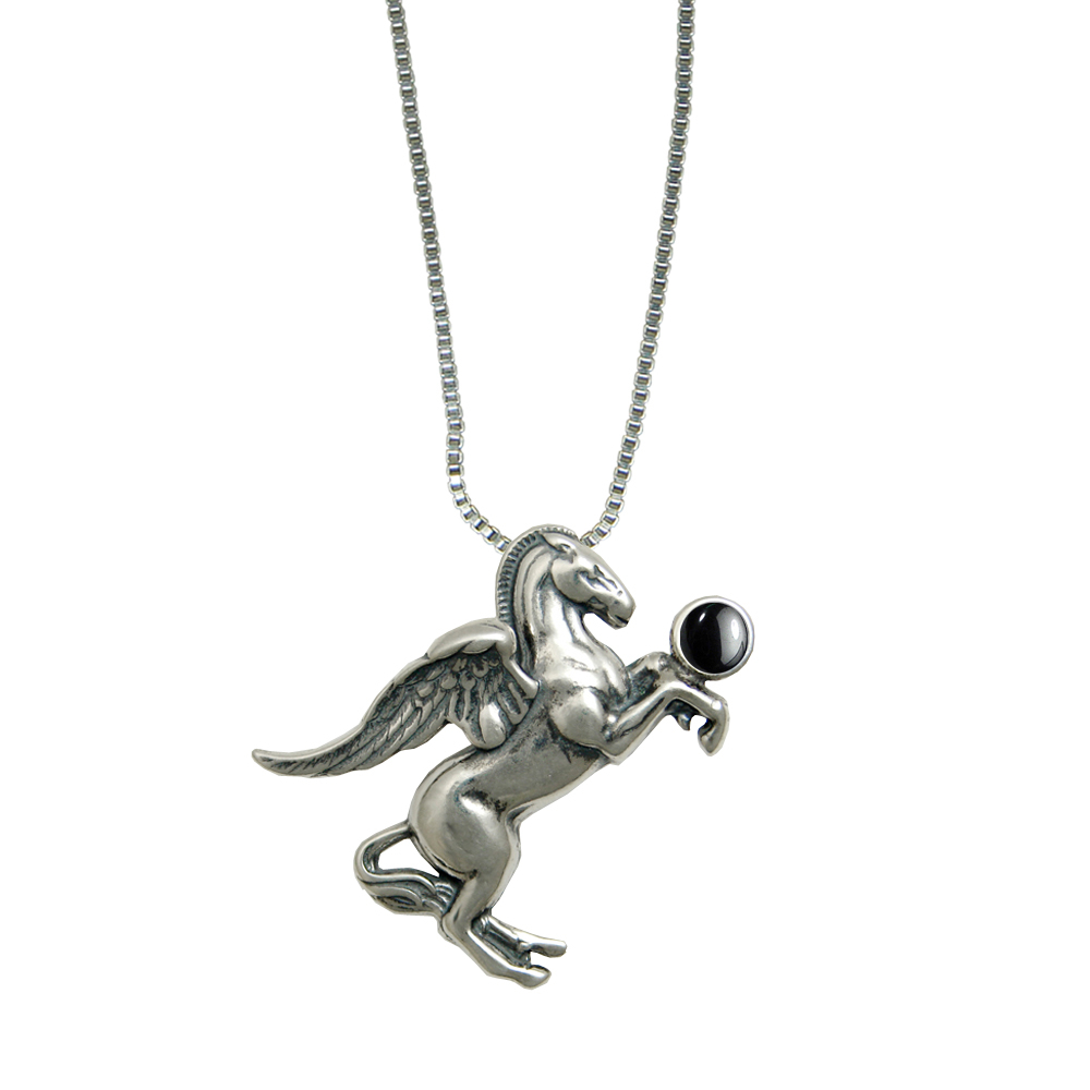 Sterling Silver Greek Winged Horse Pegasus Pendant With Hematite